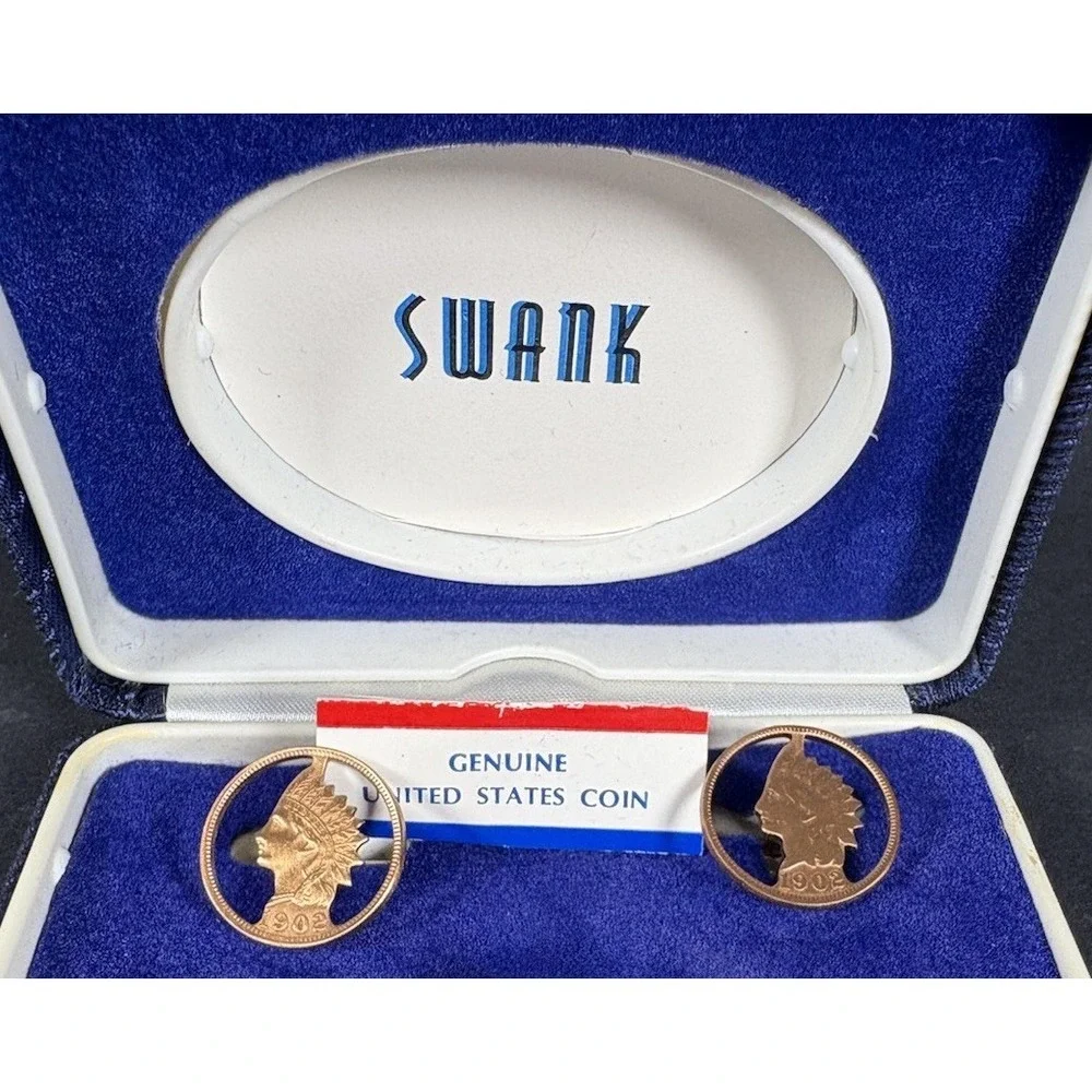 Vintage Swank Indian Head Penny Cufflinks 1902 Cut Coin Design w/ Box USA